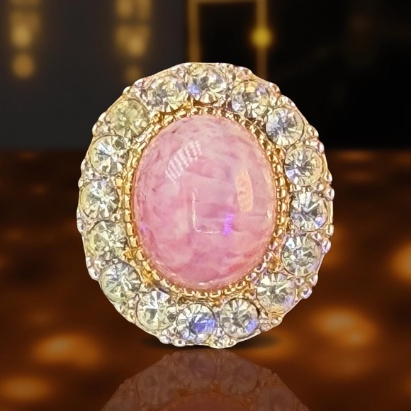 Vintage D'Orlan Signed Pink Cabochon‎ Oval Rhinestone Clip-On Earrings Gold Tone - Picture 3 of 5